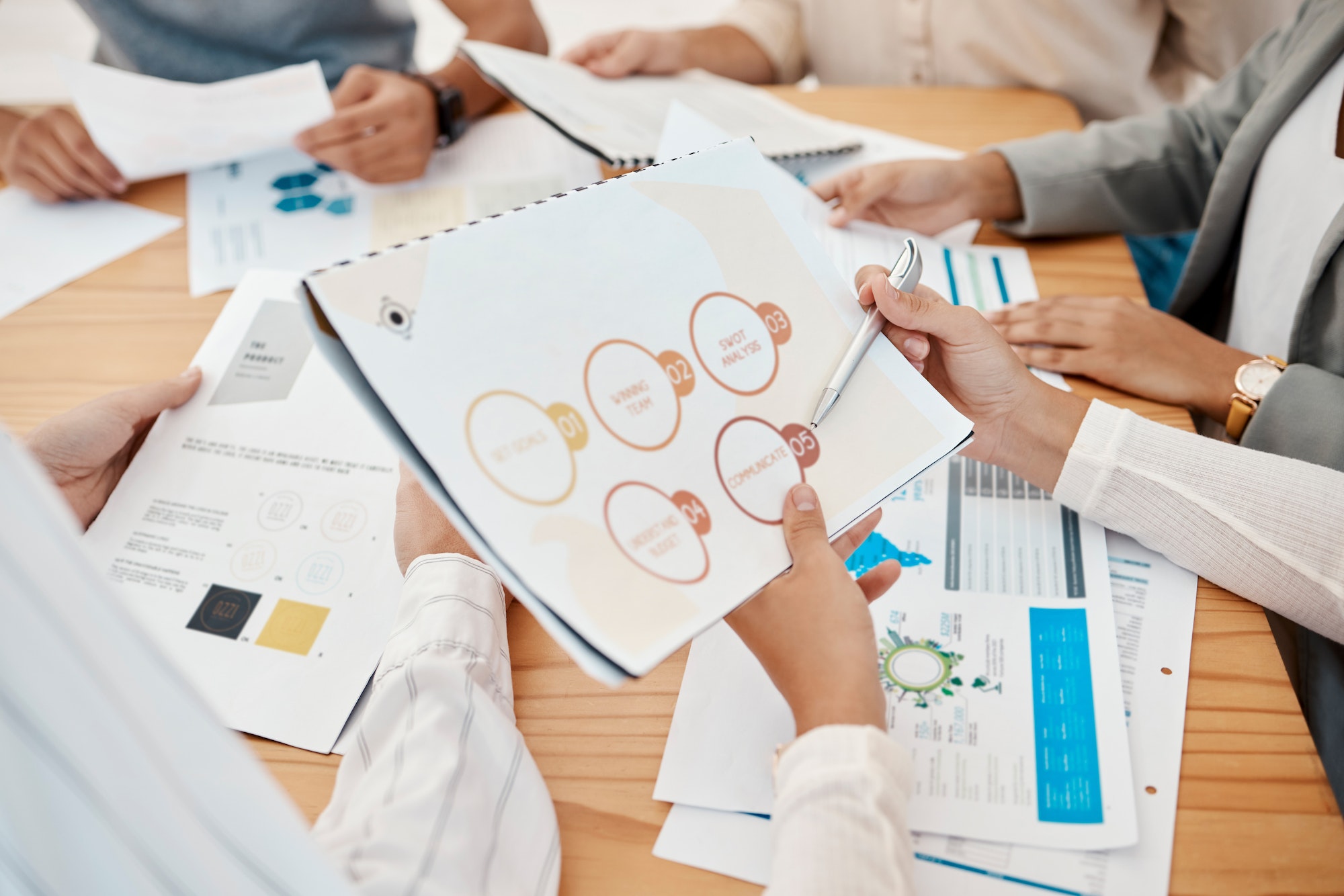 Financial audit, progress report and documents in meeting, startup team working on business growth