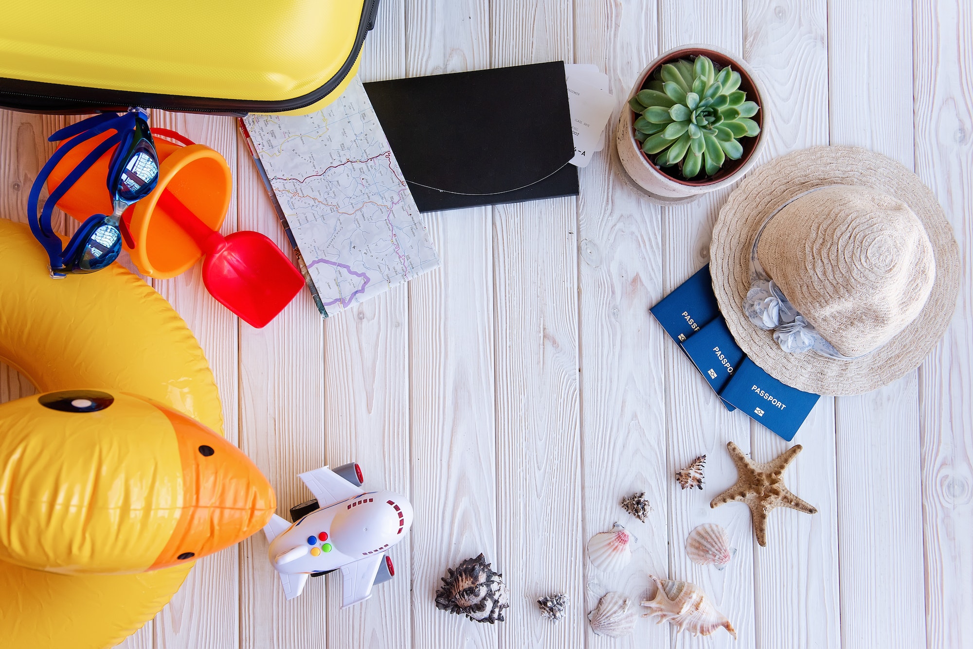 Flatlay travel with children. Family vacation